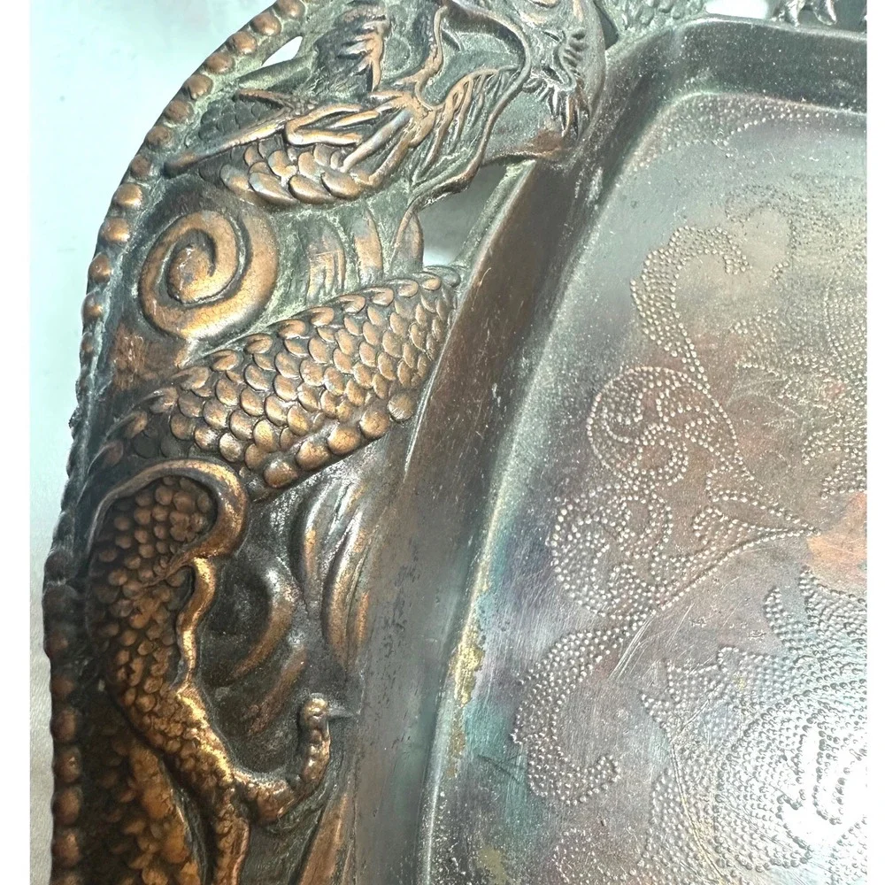 Vintage Dragon Metal Tray Copper Tone Good Ornate Embossed Chinoiserie 9.5in